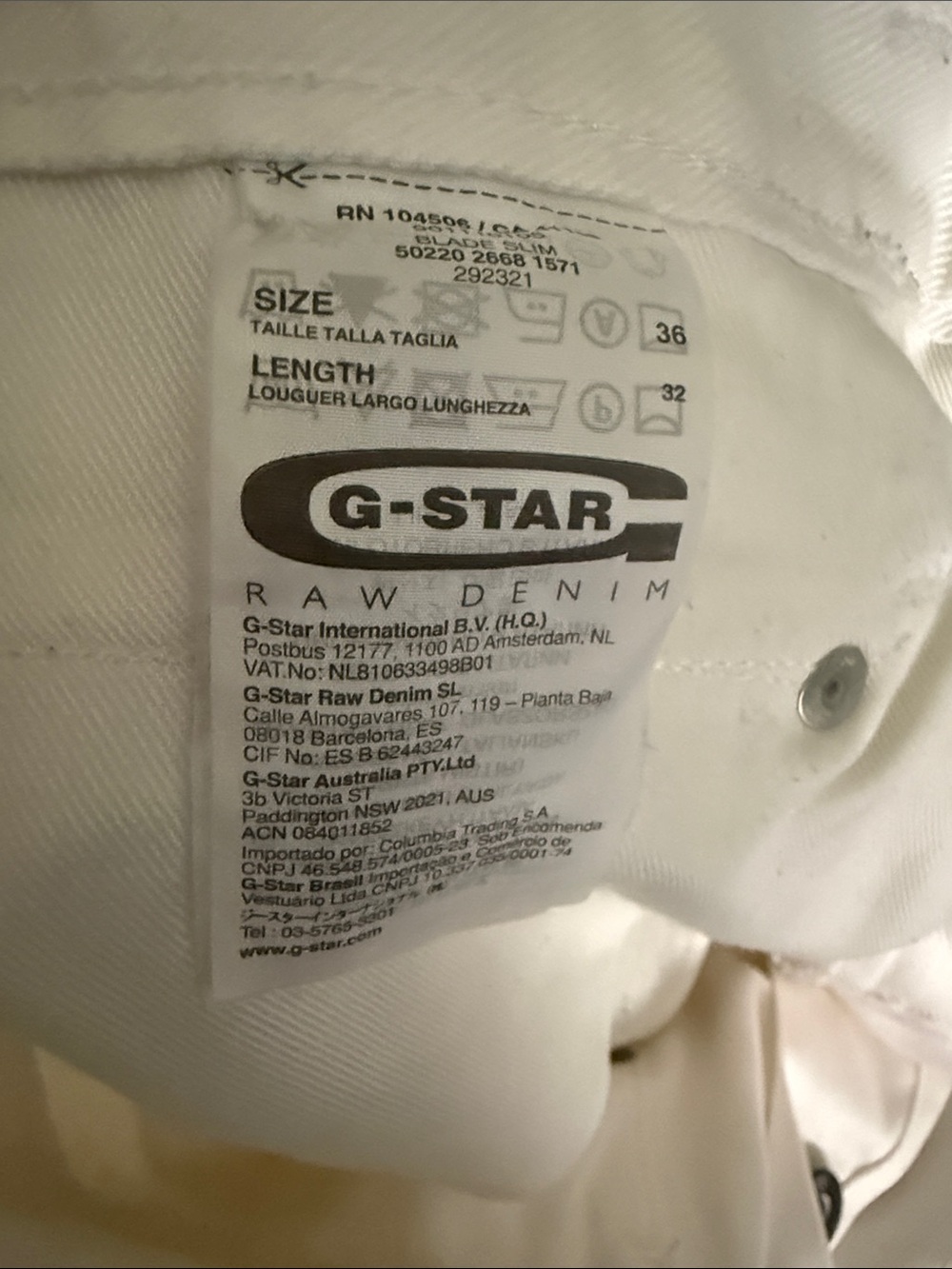 G-Star White Raw Denim Jeans